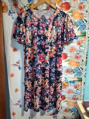 New Southern Stitch Floral Navy Blue Women's Dress with Flutter Sleeves Size M